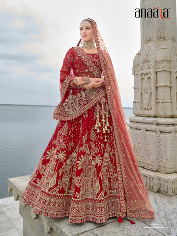 Red Raw Silk Bridal Wedding Lehenga Set with Heavy Net Dupatta - AA143